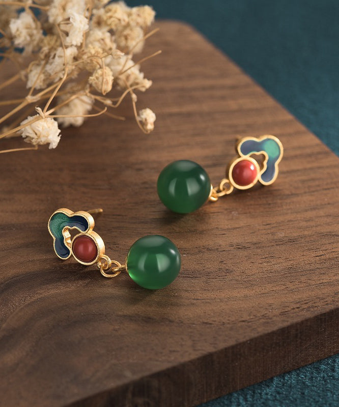 Style Gold Earrings Green Chalcedony Ancient Chinese Drop FashionChic