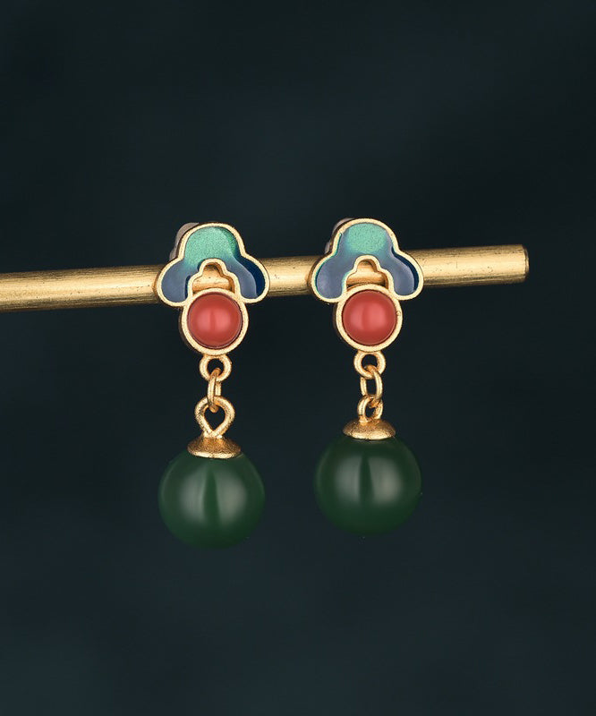 Style Gold Earrings Green Chalcedony Ancient Chinese Drop FashionChic