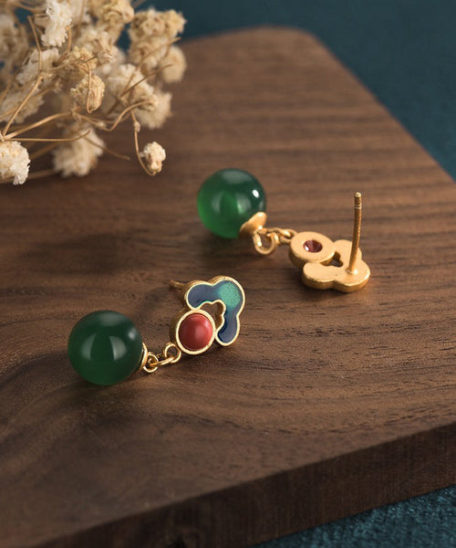 Style Gold Earrings Green Chalcedony Ancient Chinese Drop FashionChic