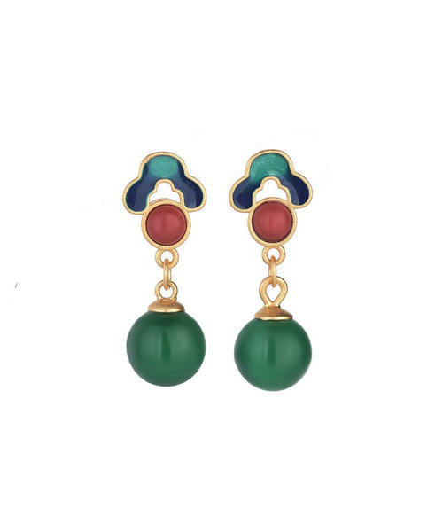 Style Gold Earrings Green Chalcedony Ancient Chinese Drop FashionChic