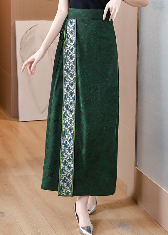 Chinese Style Green Asymmetrical Print Silk Skirts Spring QQ1030 Ada Fashion