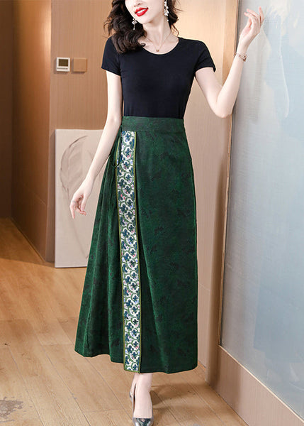 Chinese Style Green Asymmetrical Print Silk Skirts Spring QQ1030 Ada Fashion