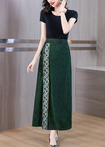 Chinese Style Green Asymmetrical Print Silk Skirts Spring QQ1030 Ada Fashion
