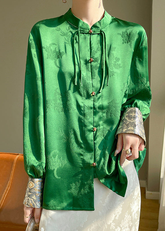 Chinese Style Green Button Print Silk Shirts Fall AB1035 Genistyle Shop