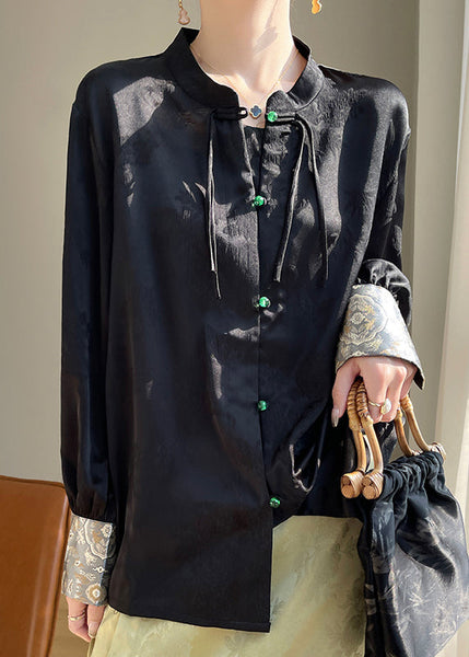 Chinese Style Green Button Print Silk Shirts Fall AB1035 Genistyle Shop