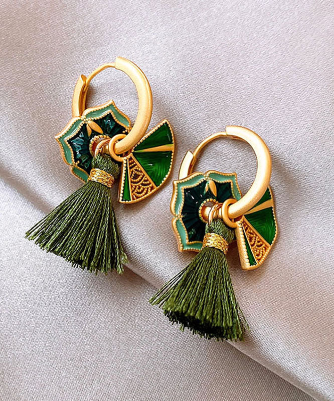 Chinese Style Green Copper Alloy Tassel Hoop Earrings YZ014 ABC