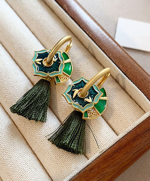 Chinese Style Green Copper Alloy Tassel Hoop Earrings YZ014 ABC