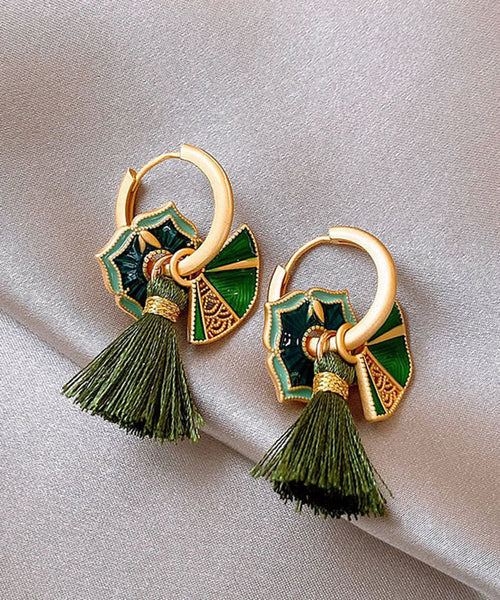 Chinese Style Green Copper Alloy Tassel Hoop Earrings YZ014 ABC