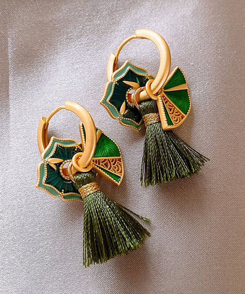 Chinese Style Green Copper Alloy Tassel Hoop Earrings YZ014 ABC
