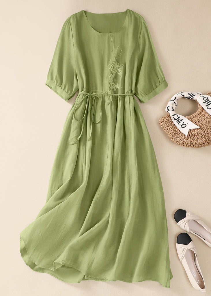 Chinese Style Green O-Neck Embroidered Tie Waist Cotton Dresses Summer AM1047 Genistyle Shop