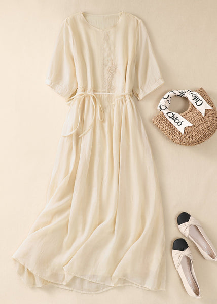 Chinese Style Green O-Neck Embroidered Tie Waist Cotton Dresses Summer AM1047 Genistyle Shop