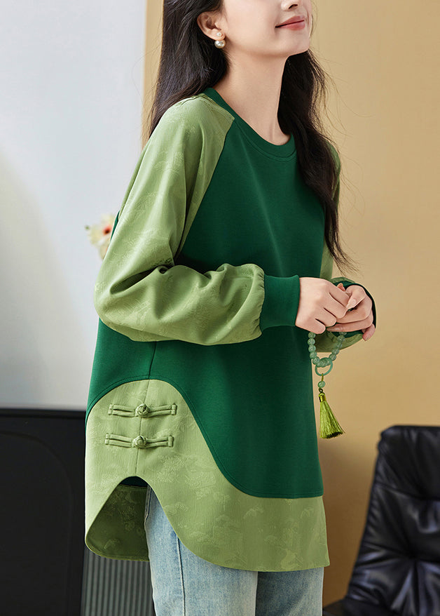 Chinese Style Green O Neck Jacquard Patchwork Cotton Sweatshirts Top Spring TQ036 ABC