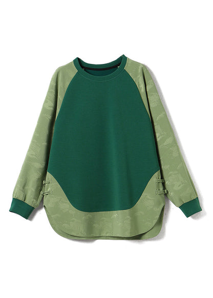 Chinese Style Green O Neck Jacquard Patchwork Cotton Sweatshirts Top Spring TQ036 ABC