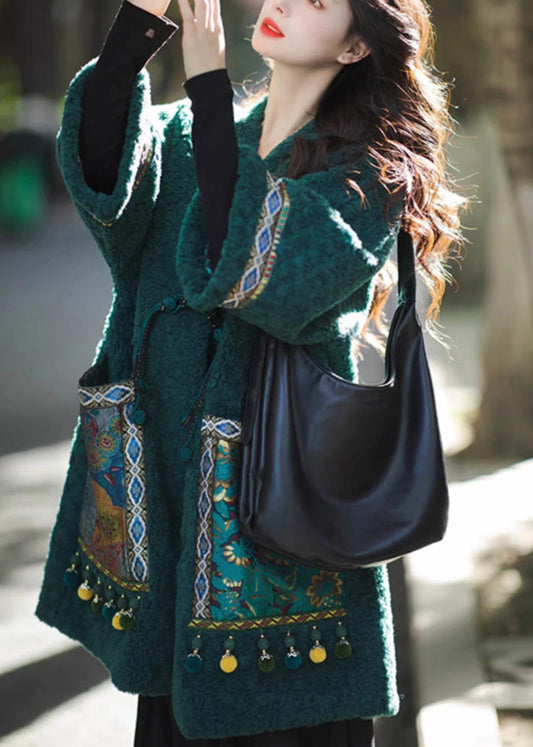 Chinese Style Green Pockets Oriental Button Patchwork Faux Fur Coat Winter RS044 ABC