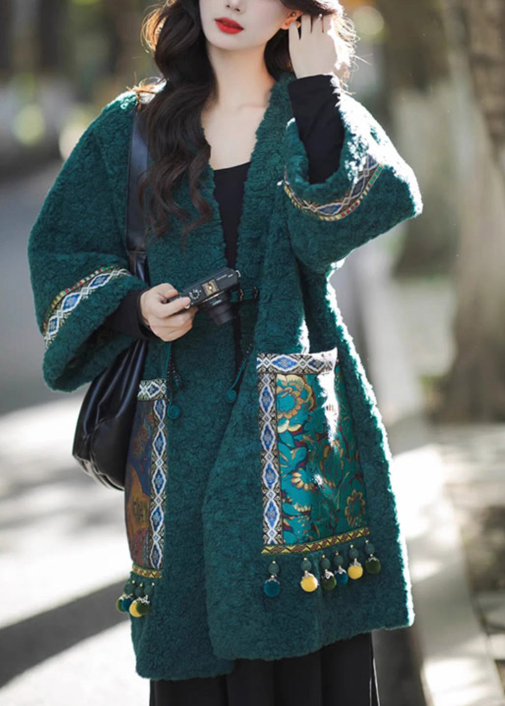 Chinese Style Green Pockets Oriental Button Patchwork Faux Fur Coat Winter RS044 ABC