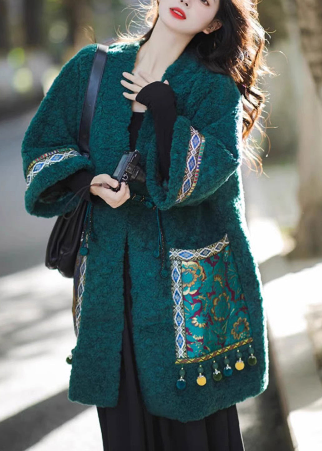 Chinese Style Green Pockets Oriental Button Patchwork Faux Fur Coat Winter RS044 ABC