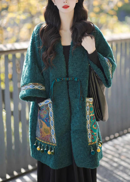 Chinese Style Green Pockets Oriental Button Patchwork Faux Fur Coat Winter RS044 ABC