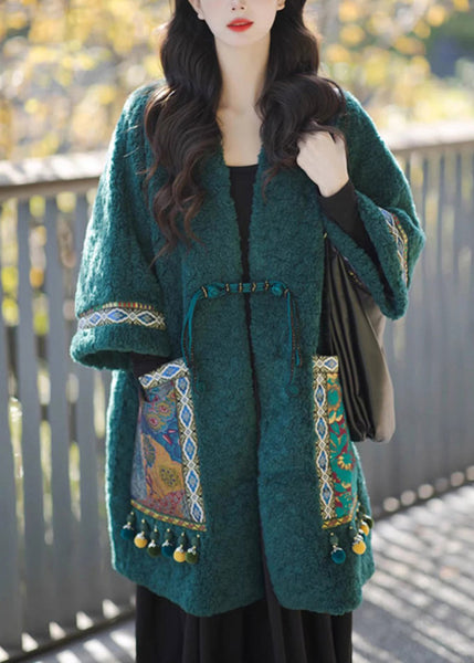 Chinese Style Green Pockets Oriental Button Patchwork Faux Fur Coat Winter RS044 ABC