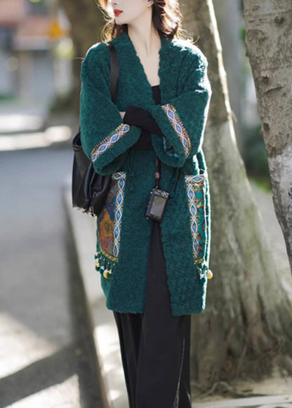 Chinese Style Green Pockets Oriental Button Patchwork Faux Fur Coat Winter RS044 ABC