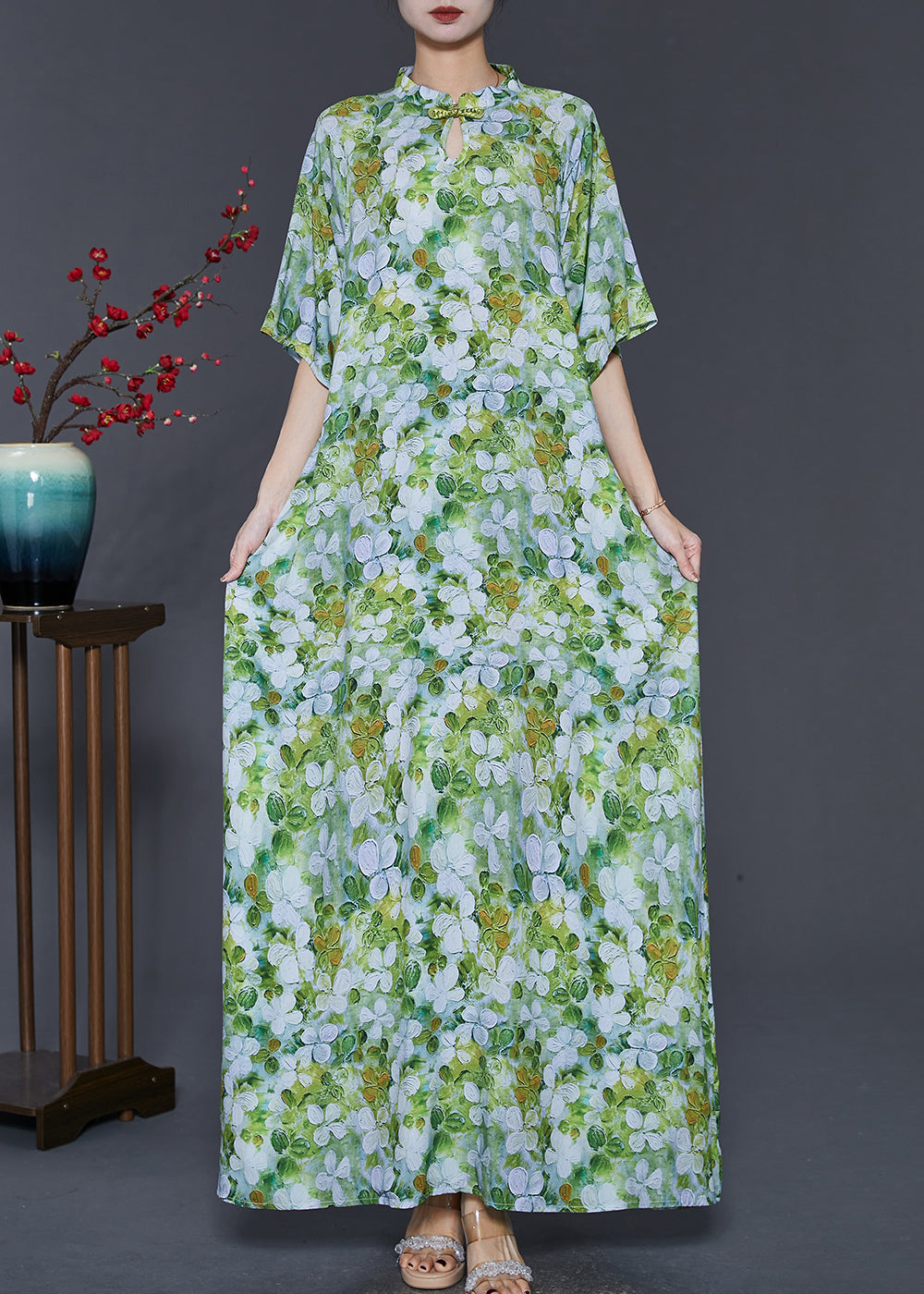 Chinese Style Green Print Cotton Cheongsam Dresses Summer SD1083 Ada Fashion