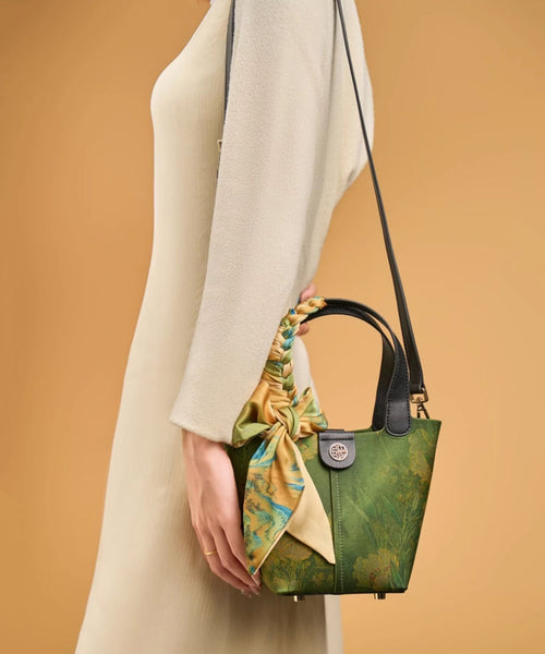 Handbag Chinese Silk Green Versatile Tote Style Print FashionChic