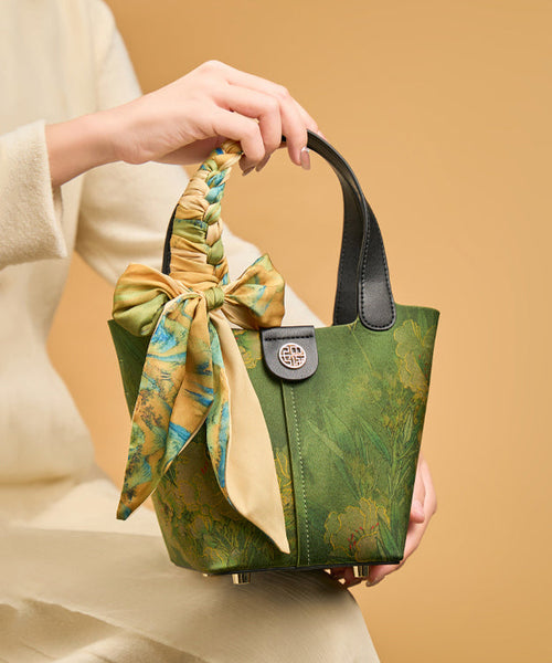 Handbag Chinese Silk Green Versatile Tote Style Print FashionChic
