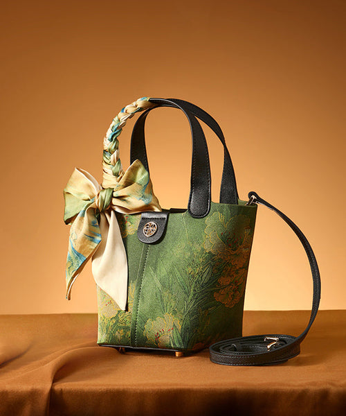 Handbag Chinese Silk Green Versatile Tote Style Print FashionChic