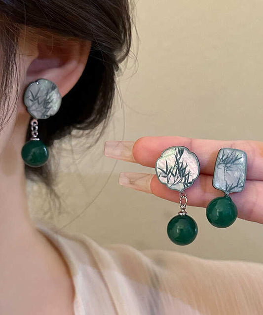 Chinese Style Green Square Sterling Silver Agate Bamboo Leaves Drop Earrings WH020 JEW-SDL241116