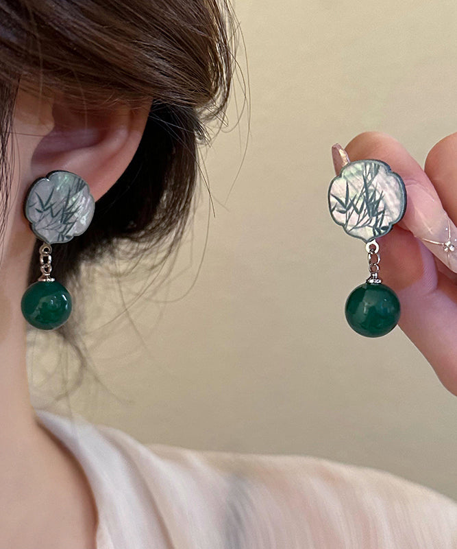 Chinese Style Green Square Sterling Silver Agate Bamboo Leaves Drop Earrings WH020 JEW-SDL241116