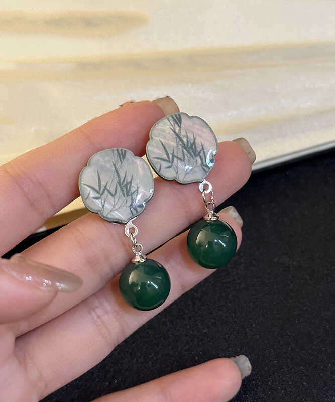 Chinese Style Green Square Sterling Silver Agate Bamboo Leaves Drop Earrings WH020 JEW-SDL241116