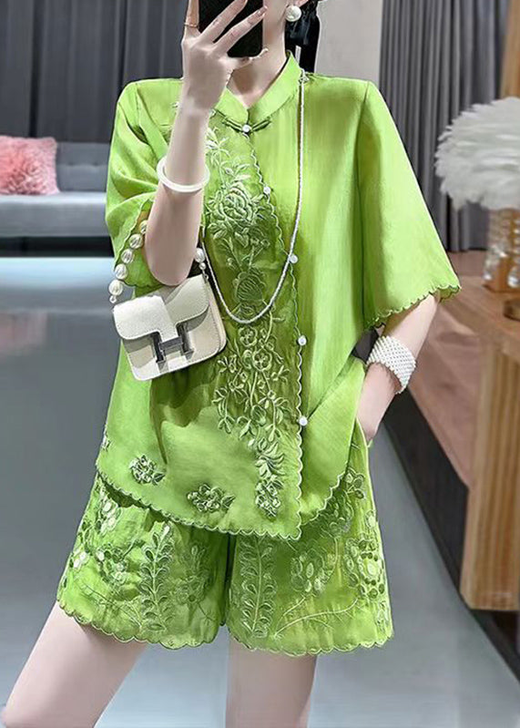 Chinese Style Green Stand Collar Embroidered Floral Shirts And Shorts Two Piece Set Short Sleeve VB1091 Ada Fashion