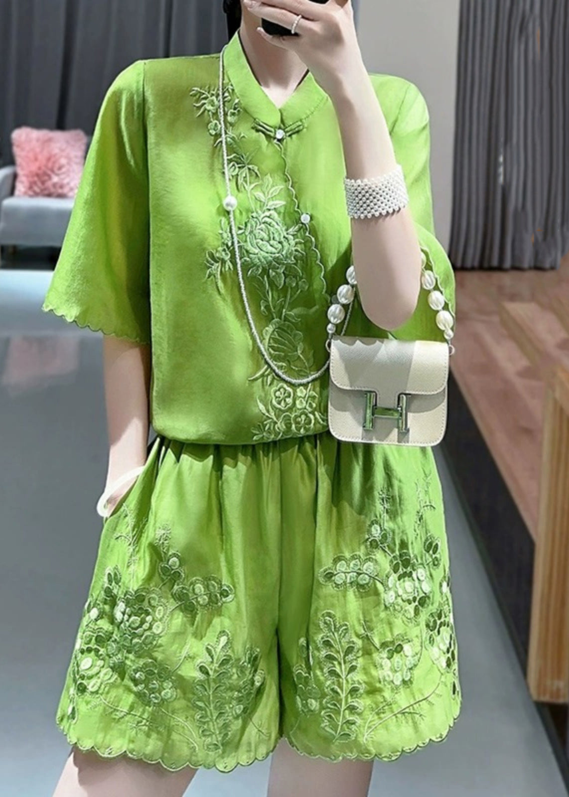 Chinese Style Green Stand Collar Embroidered Floral Shirts And Shorts Two Piece Set Short Sleeve VB1091 Ada Fashion