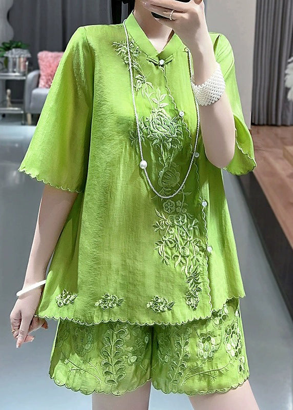 Chinese Style Green Stand Collar Embroidered Floral Shirts And Shorts Two Piece Set Short Sleeve VB1091 Ada Fashion