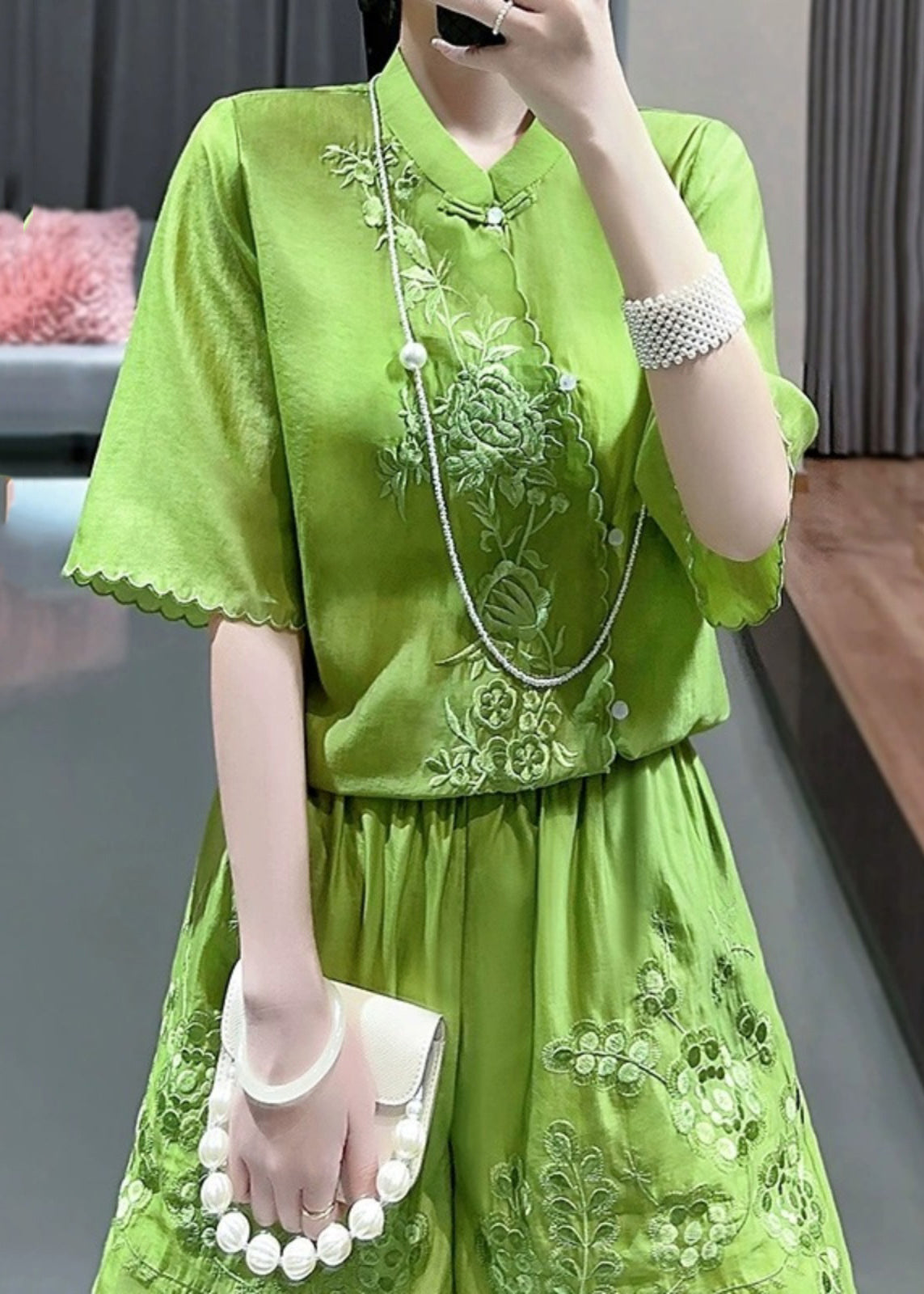 Chinese Style Green Stand Collar Embroidered Floral Shirts And Shorts Two Piece Set Short Sleeve VB1091 Ada Fashion