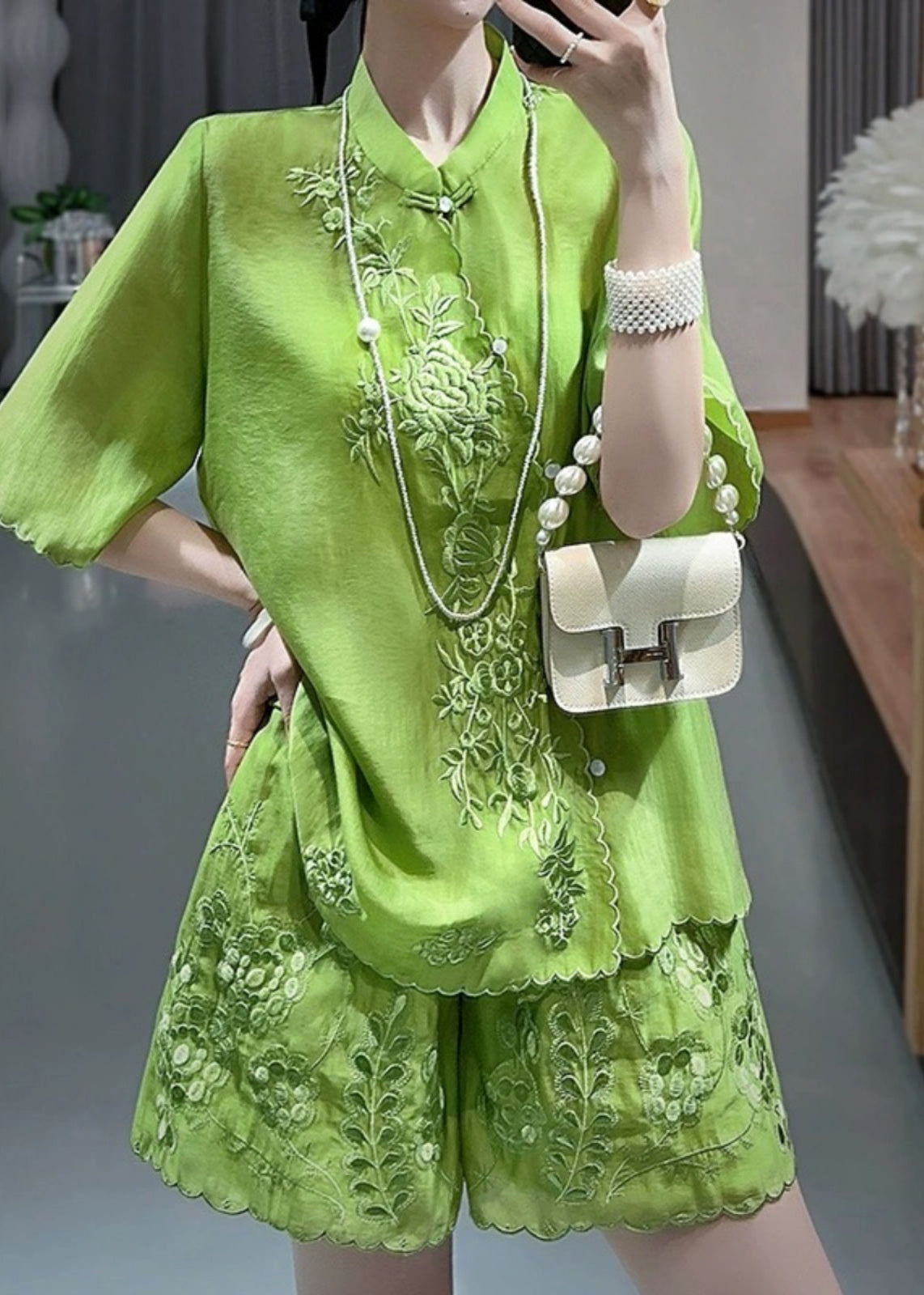 Chinese Style Green Stand Collar Embroidered Floral Shirts And Shorts Two Piece Set Short Sleeve VB1091 Ada Fashion