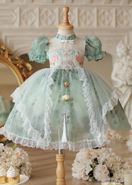 Chinese Style Green Stand Collar Embroideried Nail Bead Tulle Kids Long Dress Short Sleeve YE015 ABC