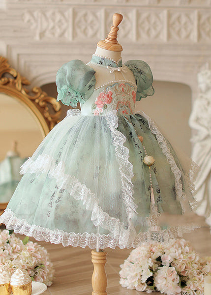 Chinese Style Green Stand Collar Embroideried Nail Bead Tulle Kids Long Dress Short Sleeve YE015 ABC