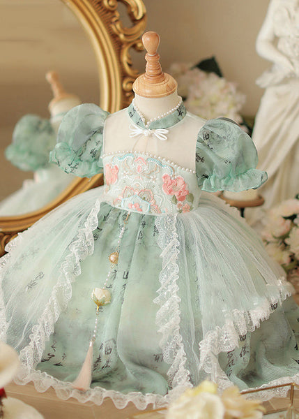 Chinese Style Green Stand Collar Embroideried Nail Bead Tulle Kids Long Dress Short Sleeve YE015 ABC