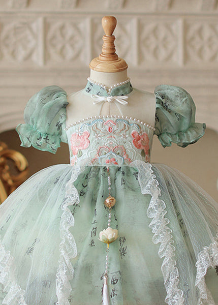 Chinese Style Green Stand Collar Embroideried Nail Bead Tulle Kids Long Dress Short Sleeve YE015 ABC