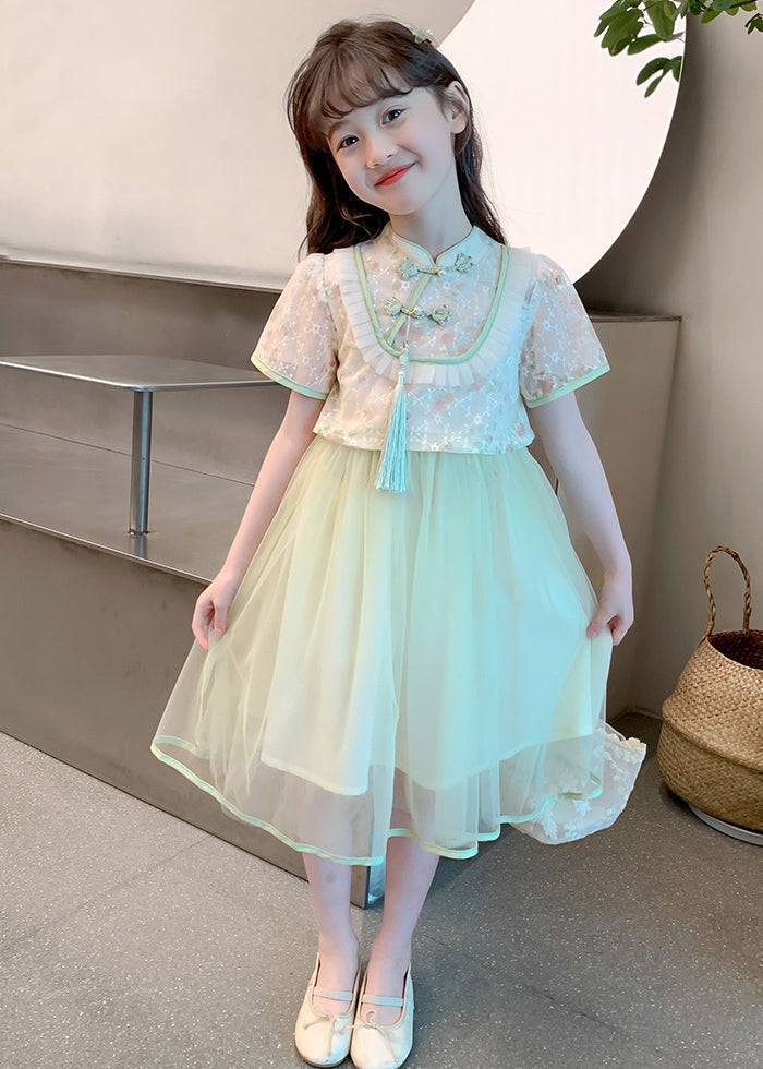 Chinese Style Green Stand Collar Tassel Fake Two Pieces Tulle Girls Maxi Dresses Summer MN009 MM-RCTZ-SDL240701