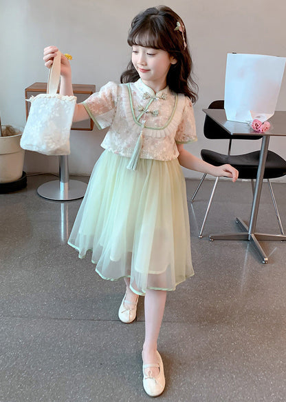 Chinese Style Green Stand Collar Tassel Fake Two Pieces Tulle Girls Maxi Dresses Summer MN009 MM-RCTZ-SDL240701