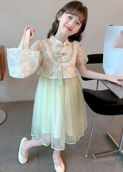 Chinese Style Green Stand Collar Tassel Fake Two Pieces Tulle Girls Maxi Dresses Summer MN009 MM-RCTZ-SDL240701