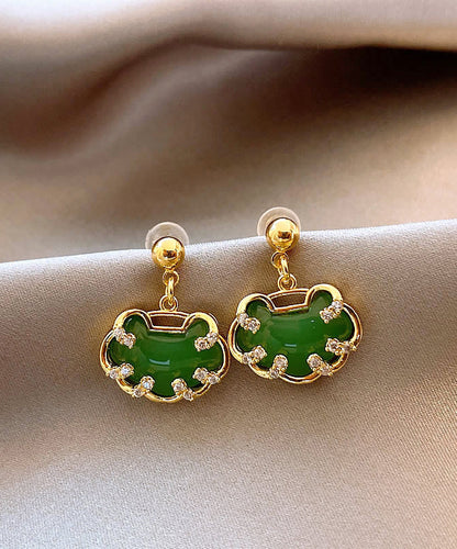 Chinese Style Green Sterling Silver Overgild Zircon Jade Safety Lock Stud Earrings WH045 JEW-EAR241116