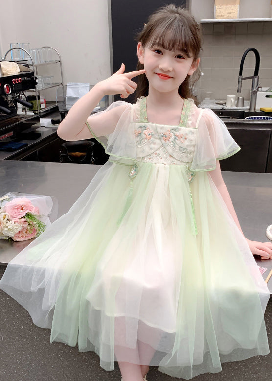 Chinese Style Green Tasseled Embroideried Tulle Girls Long Dress Summer TT030 WS-JRTZSDGL240817