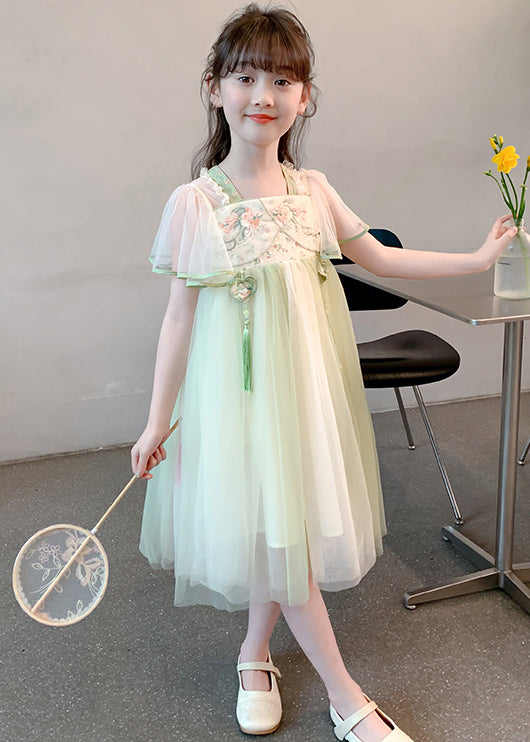 Chinese Style Green Tasseled Embroideried Tulle Girls Long Dress Summer TT030 WS-JRTZSDGL240817