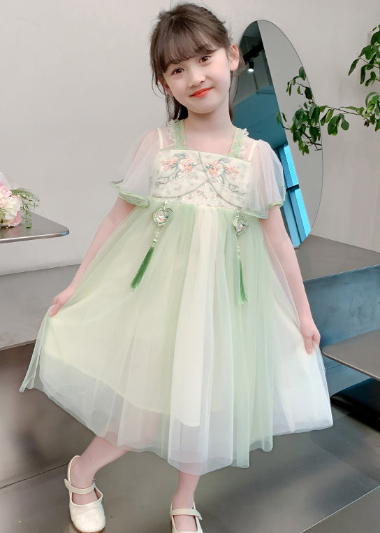 Chinese Style Green Tasseled Embroideried Tulle Girls Long Dress Summer TT030 WS-JRTZSDGL240817