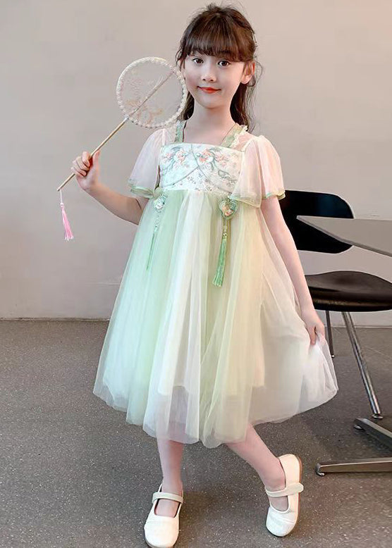 Chinese Style Green Tasseled Embroideried Tulle Girls Long Dress Summer TT030 WS-JRTZSDGL240817