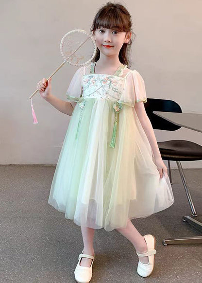 Chinese Style Green Tasseled Embroideried Tulle Girls Long Dress Summer TT030 WS-JRTZSDGL240817