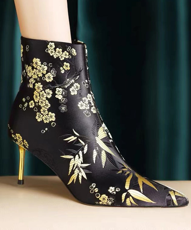 Chinese Style Handmade Embroidered Pointed Toe Slim Heel Short Boots CZ1023 Ada Fashion