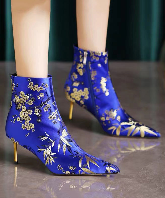 Chinese Style Handmade Embroidered Pointed Toe Slim Heel Short Boots CZ1023 Ada Fashion